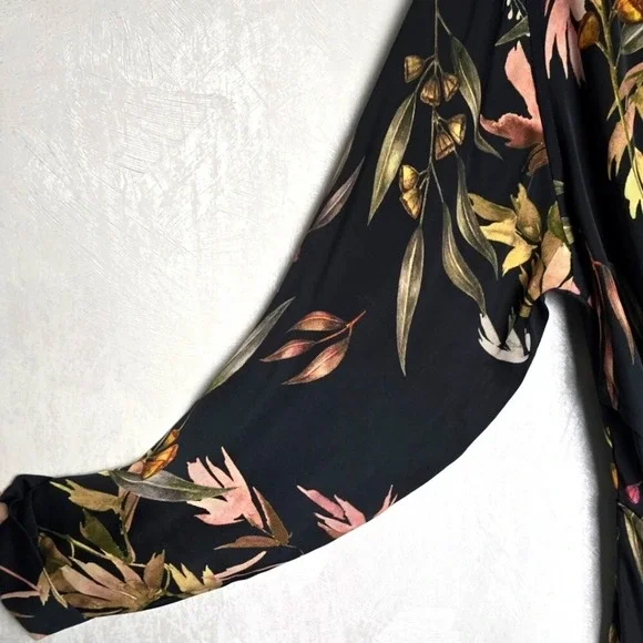 Elan Womens M Maxi Dress Long Lng Sleeve Tie Waist Button Up Black Olive Floral - Picture 5 of 11